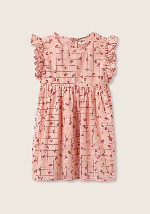VESTIDO CUADROS FRUTAS ROSA COZMO